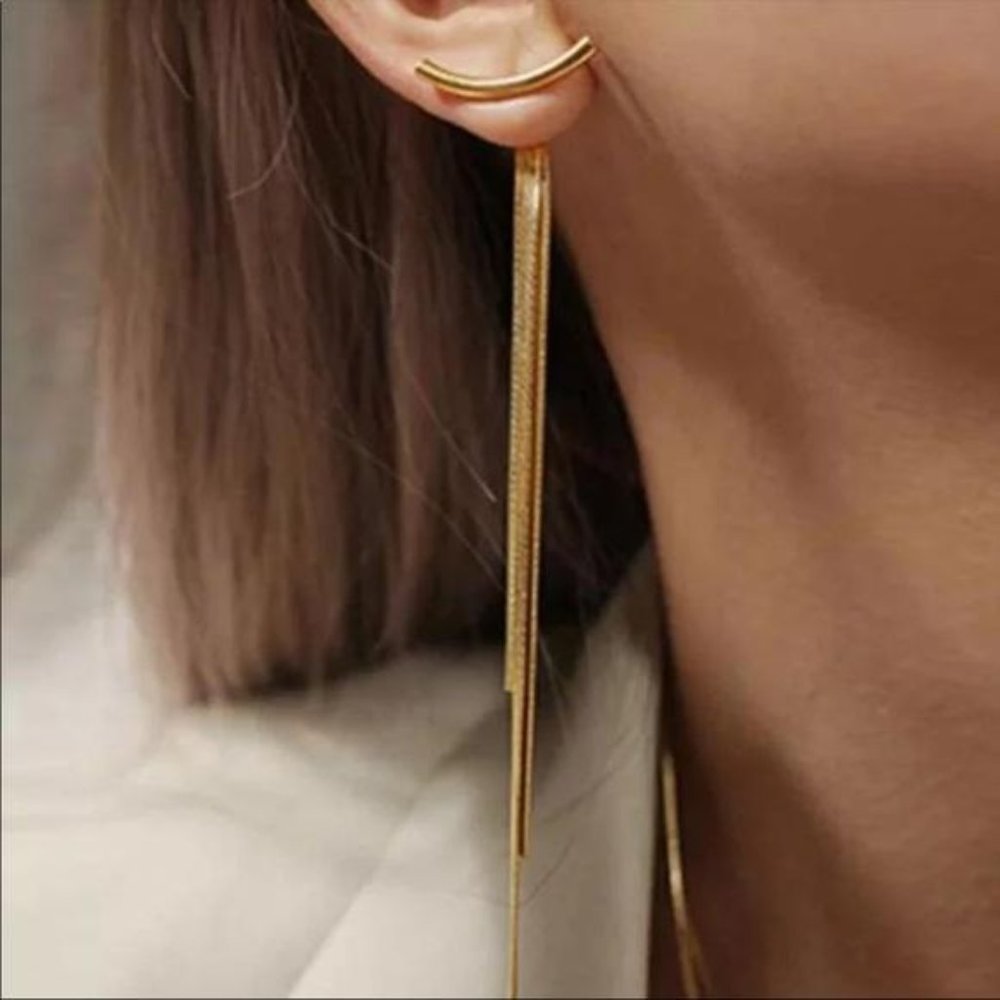 NEW 18K ROSE GOLD LONG TASSEL ARC EARRINGS - Picture 4 of 6